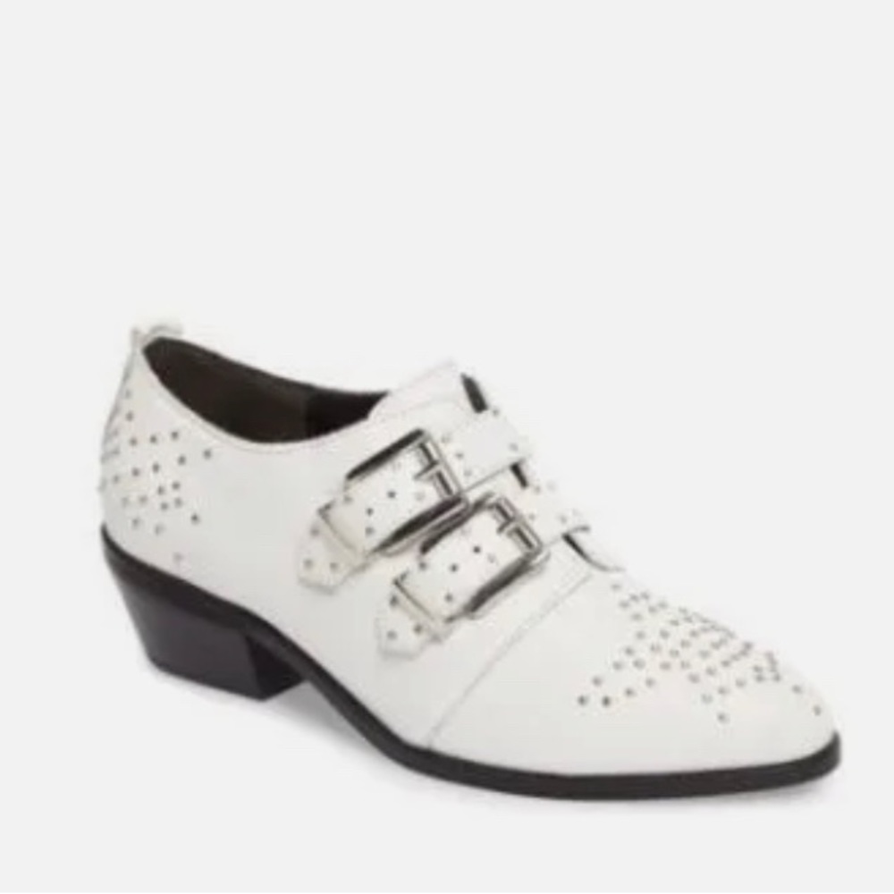 Rebecca Minkoff Oxford Boot White Leather Moto Buckle Stud ASTRAL Low Bootie 7